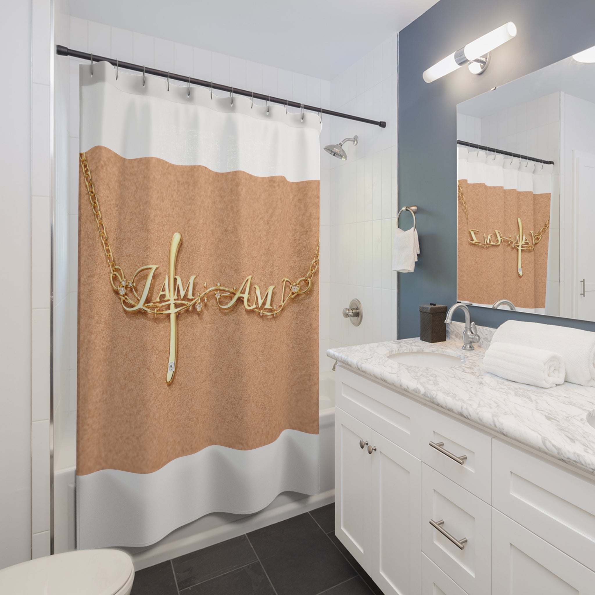 Shower Curtain — Gold "I Am" Necklace Design on Warm Leather Background