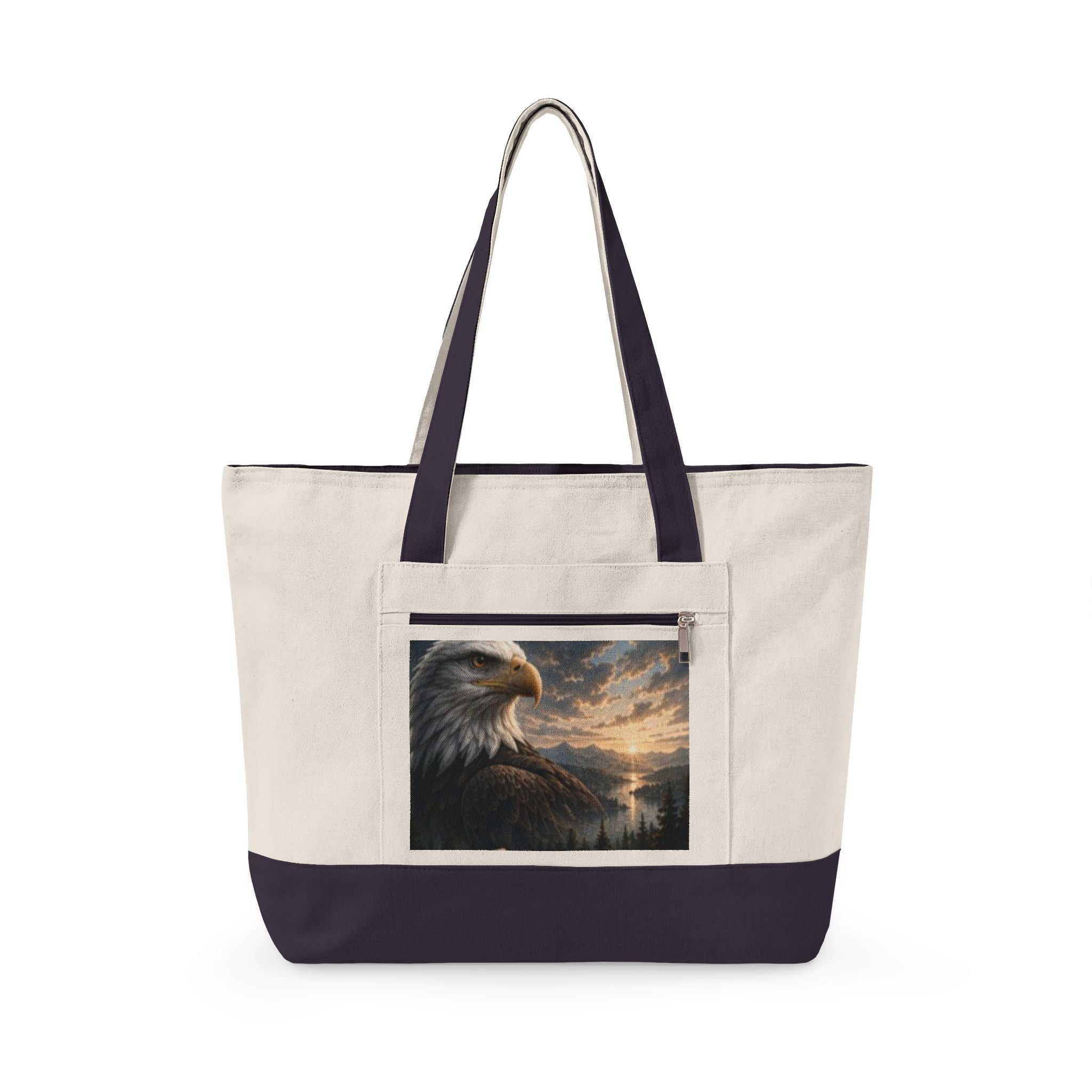 Eagle Sunrise Canvas Tote Bag — Zippered Beach & Market Tote with Bald Eagle Art