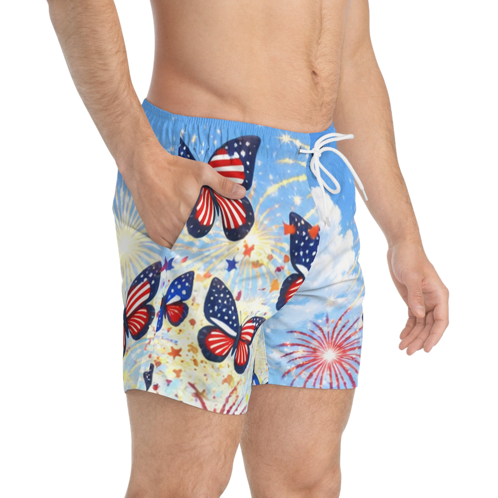 I Am ; Am I collection Fourth of July Patriotic Butterfly Swim Trunks — American Flag Butterflies & Fireworks