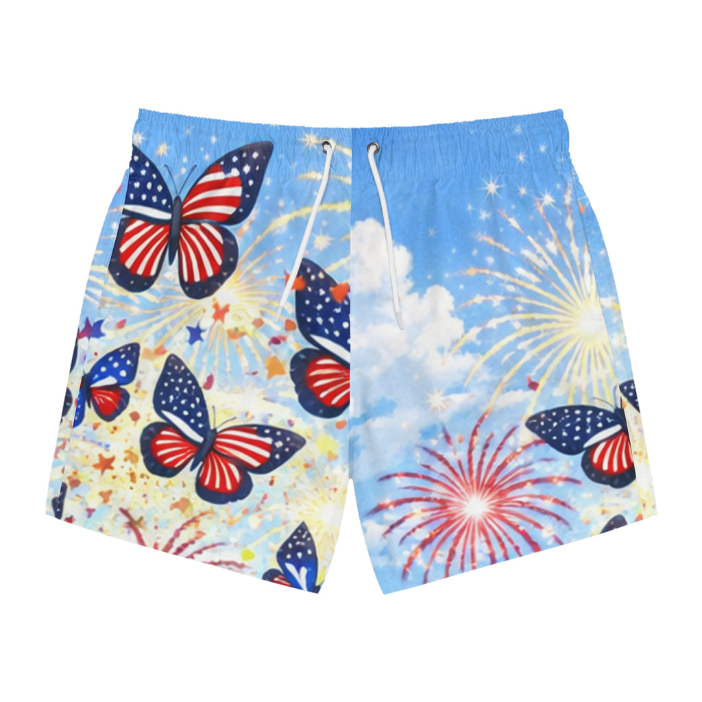 I Am ; Am I collection Fourth of July Patriotic Butterfly Swim Trunks — American Flag Butterflies & Fireworks
