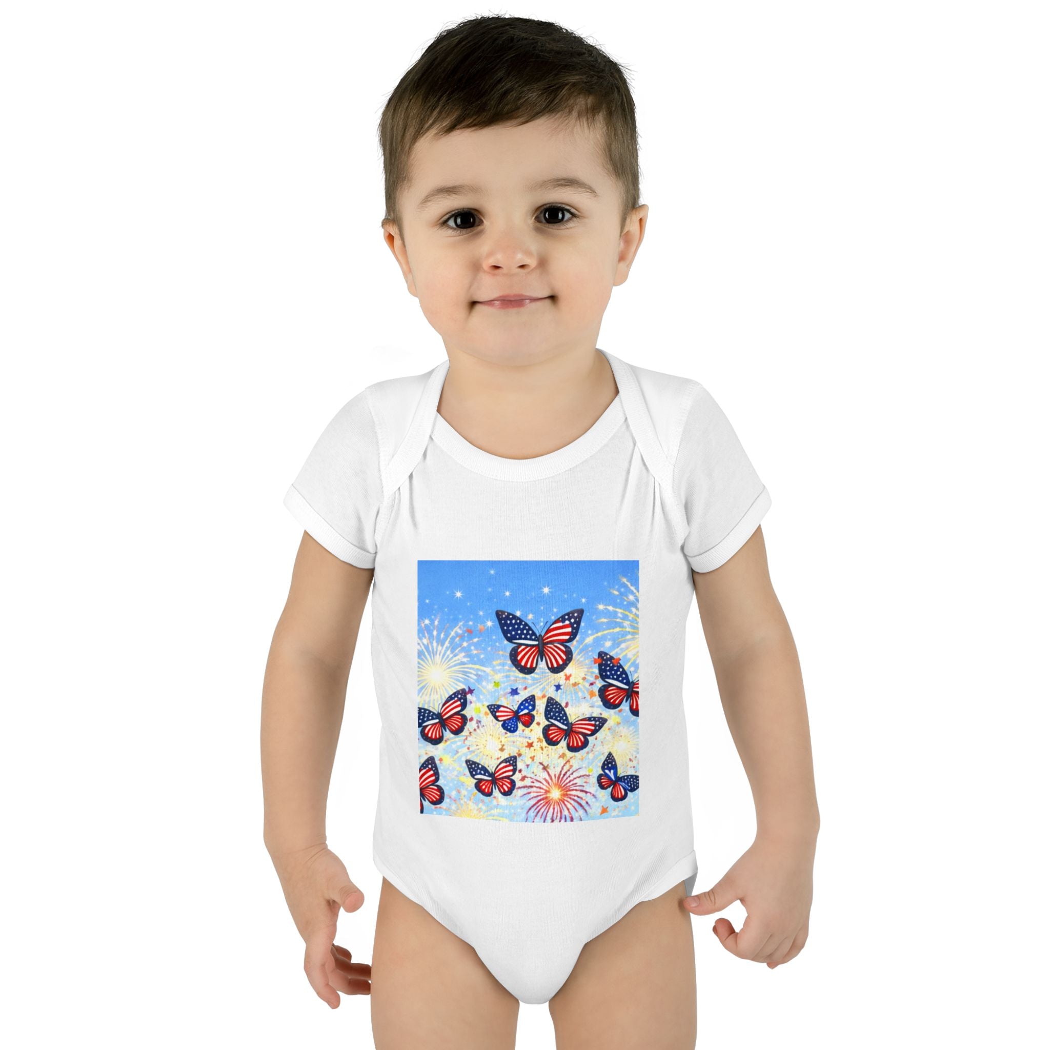 I Am; Am I collection holiday edition Baby Bodysuit — Red & Blue Butterfly Garden Infant Onesie