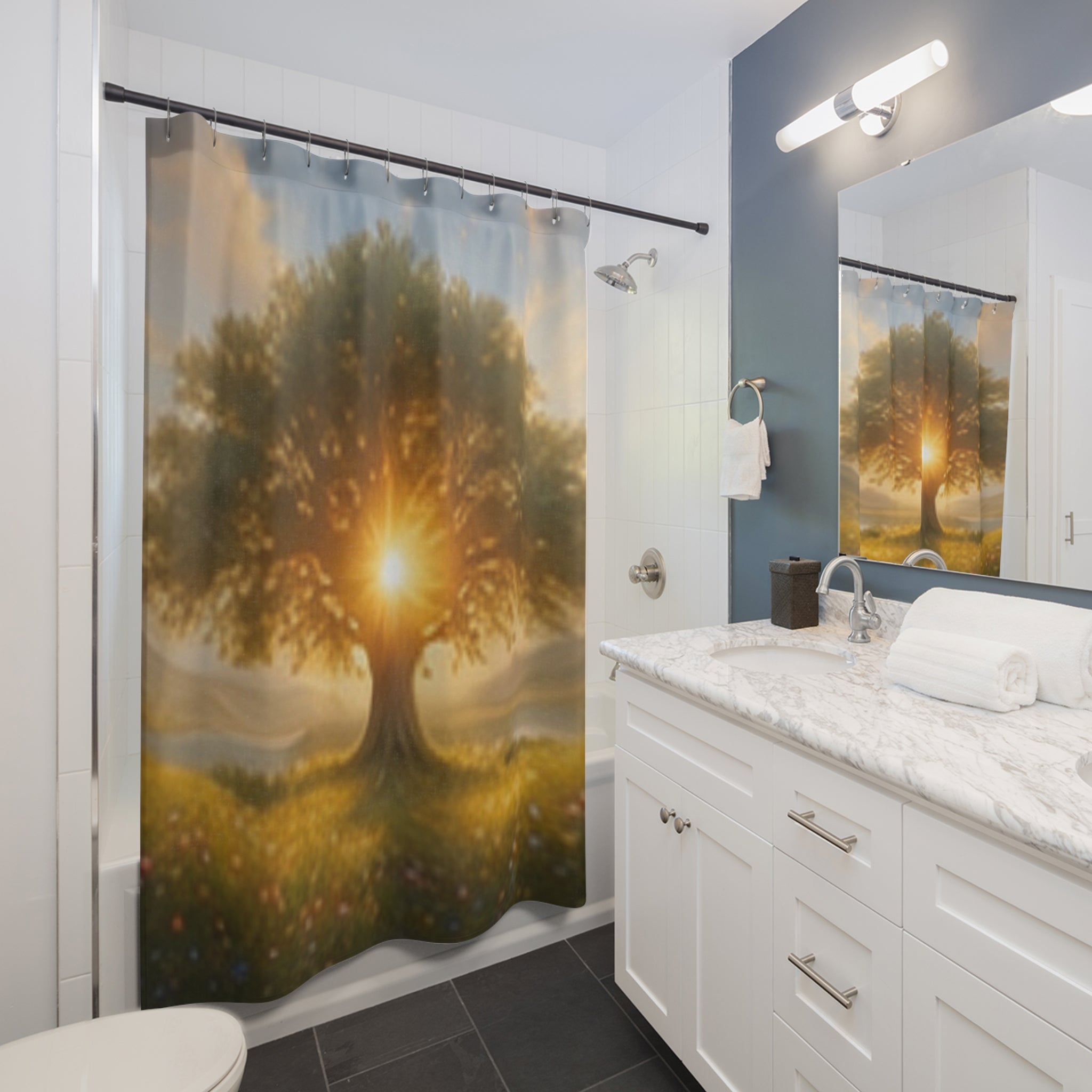 Sunrise Tree Shower Curtain — Serene Nature Bathroom Decor