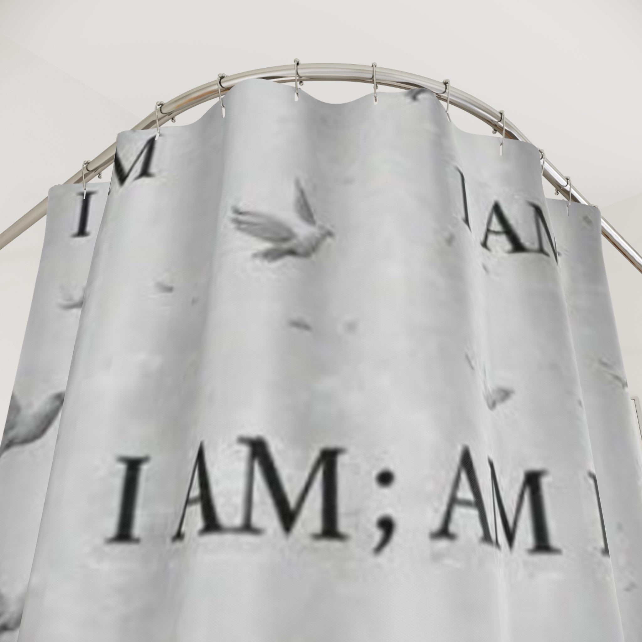 I AM Motivational Shower Curtain — Minimalist Grey Dove Design