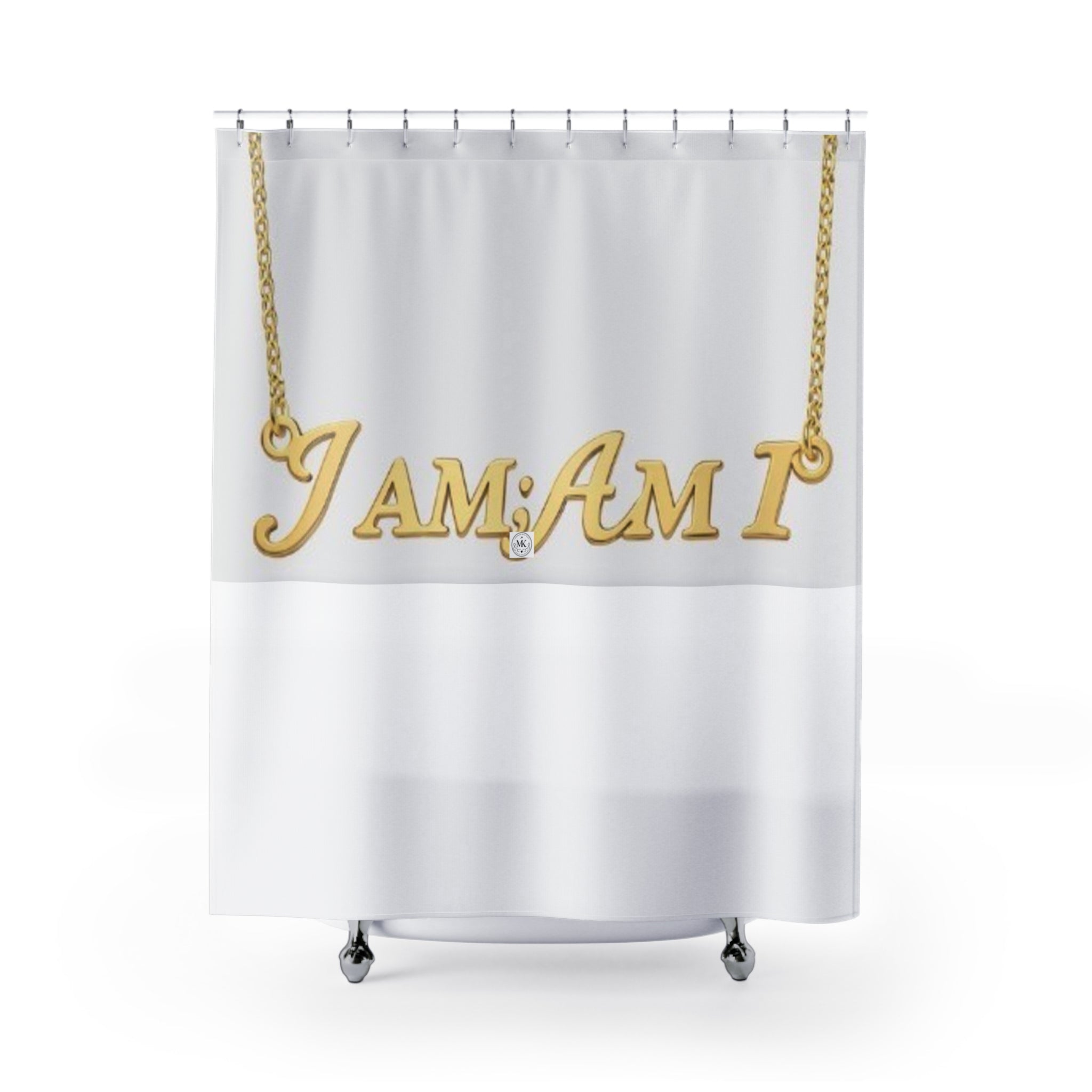 Shower Curtain — "I AM; AM I" Gold Necklace Bathroom Decor