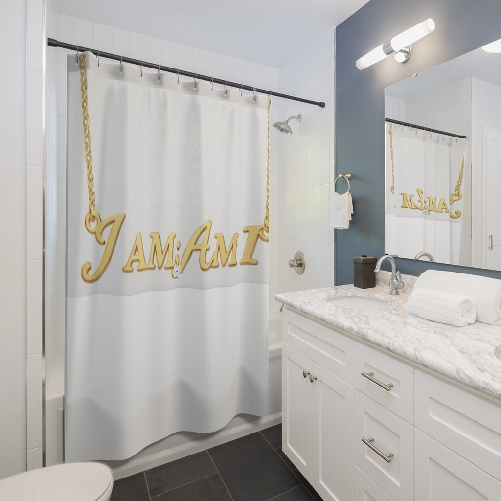 Shower Curtain — "I AM; AM I" Gold Necklace Bathroom Decor