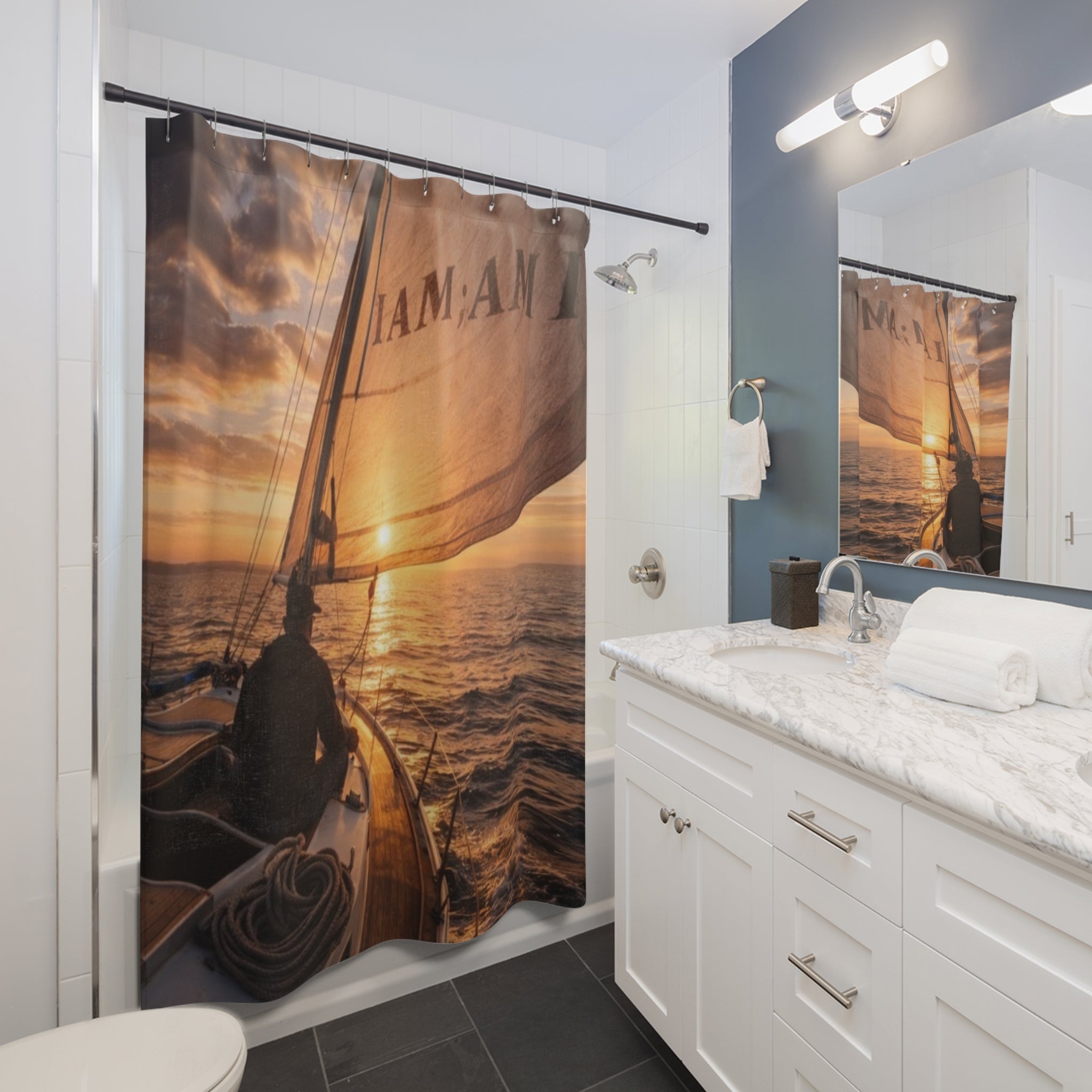 Sailboat Sunset Shower Curtain – Nautical Ocean Bathroom Decor