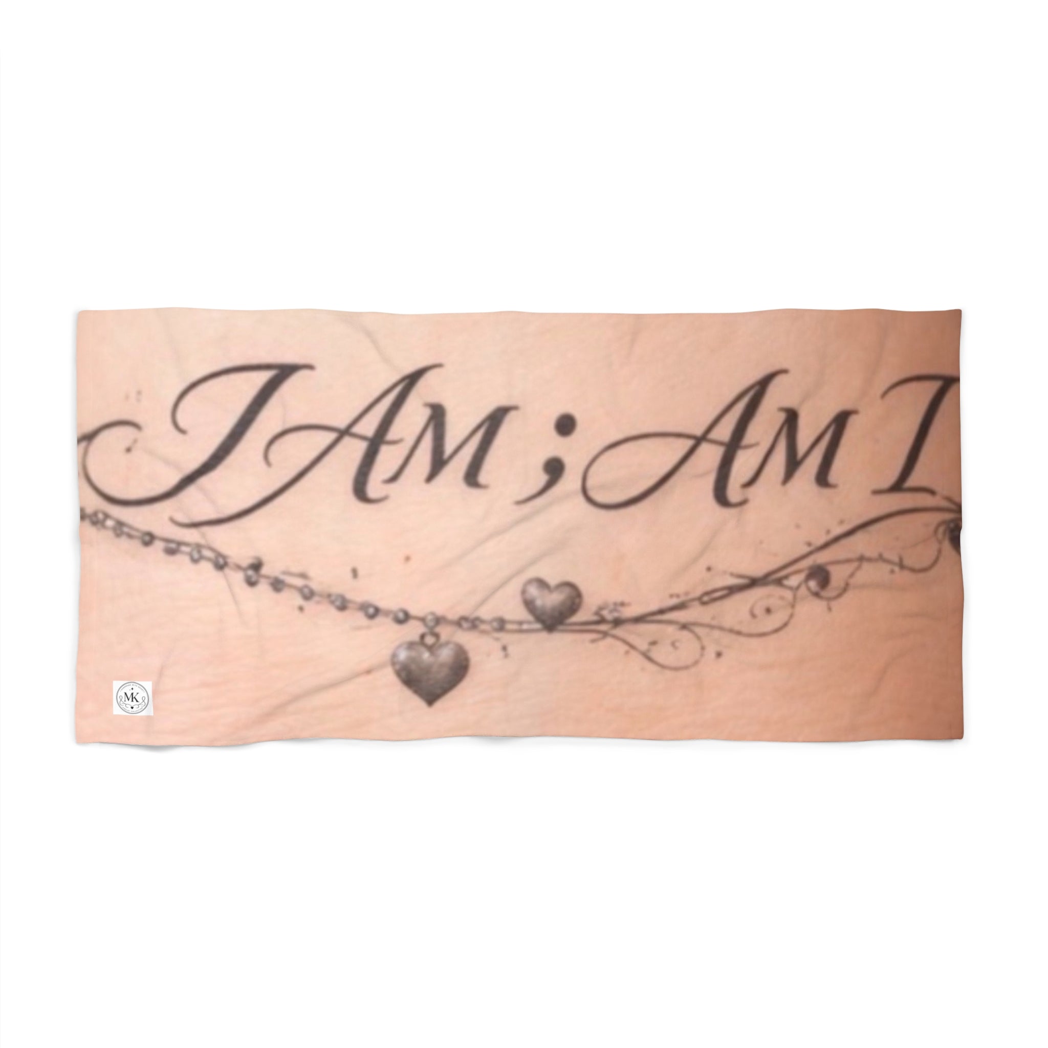 Beach Towel — “I AM; AM I” Script Tattoo Design with Heart Charm