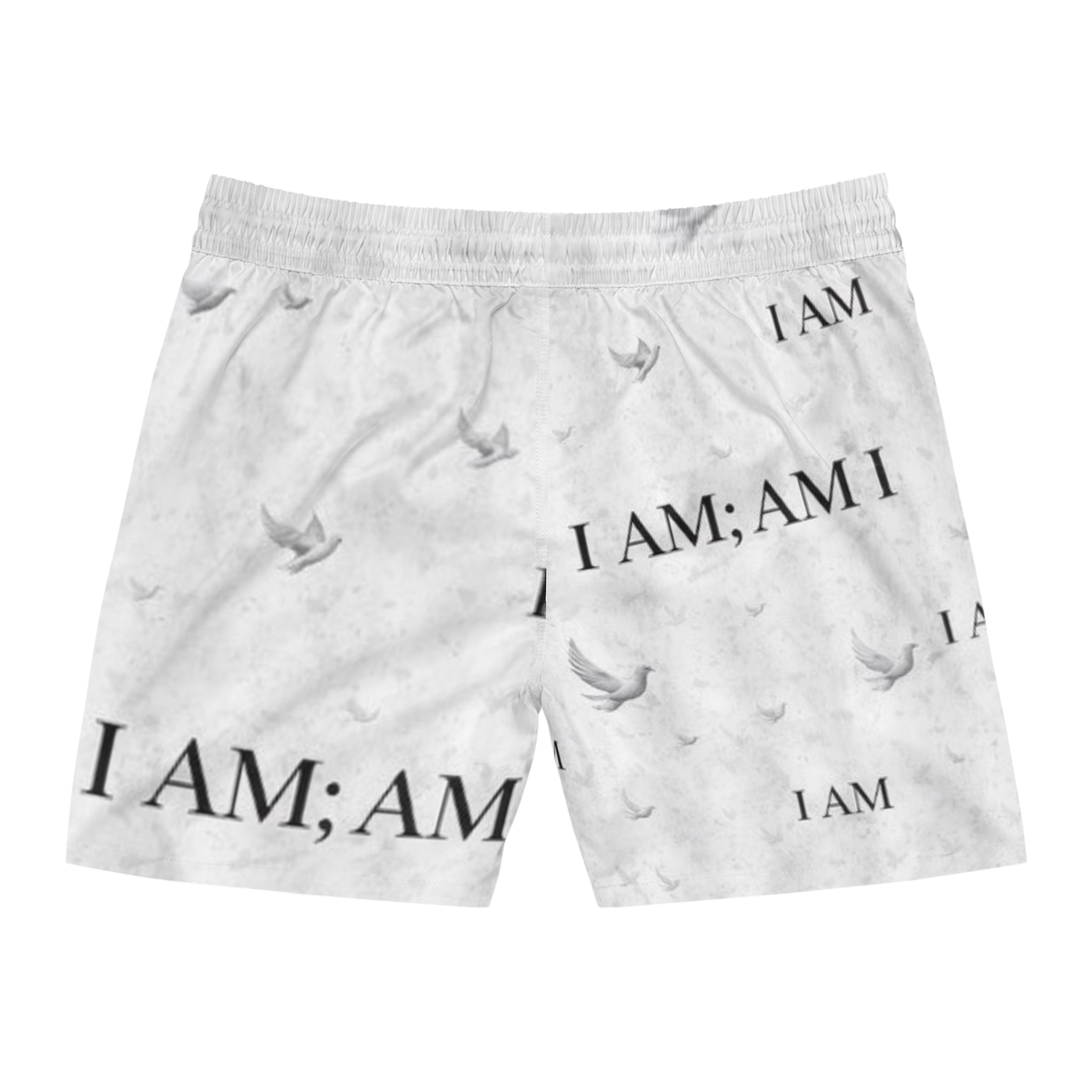 I AM Patterned Men's Swim Shorts — White Dove All-Over Print