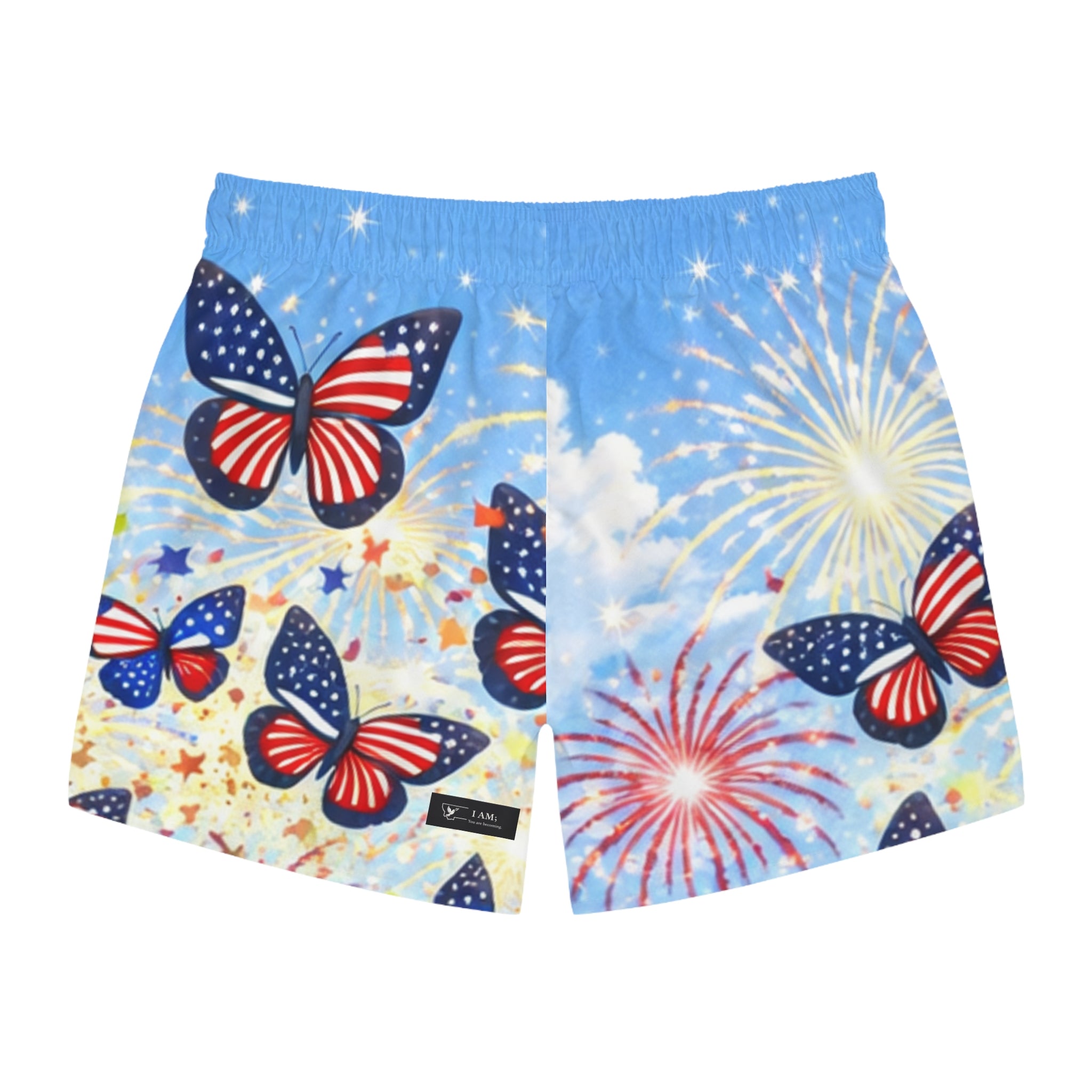 I Am ; Am I collection Fourth of July Patriotic Butterfly Swim Trunks — American Flag Butterflies & Fireworks