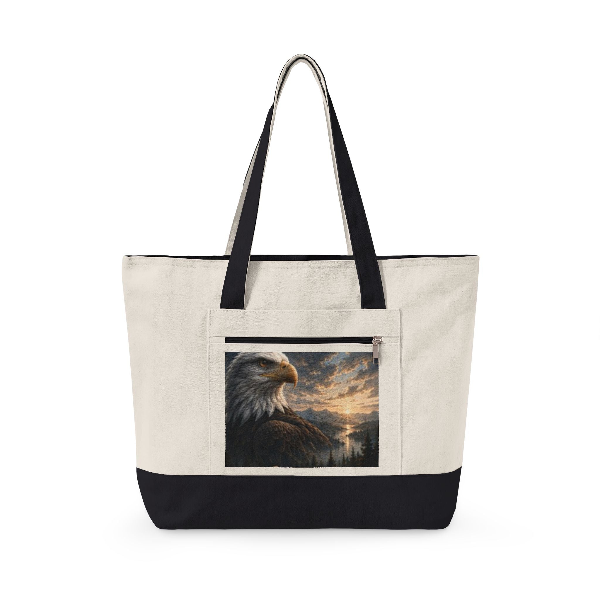 Eagle Sunrise Canvas Tote Bag — Zippered Beach & Market Tote with Bald Eagle Art